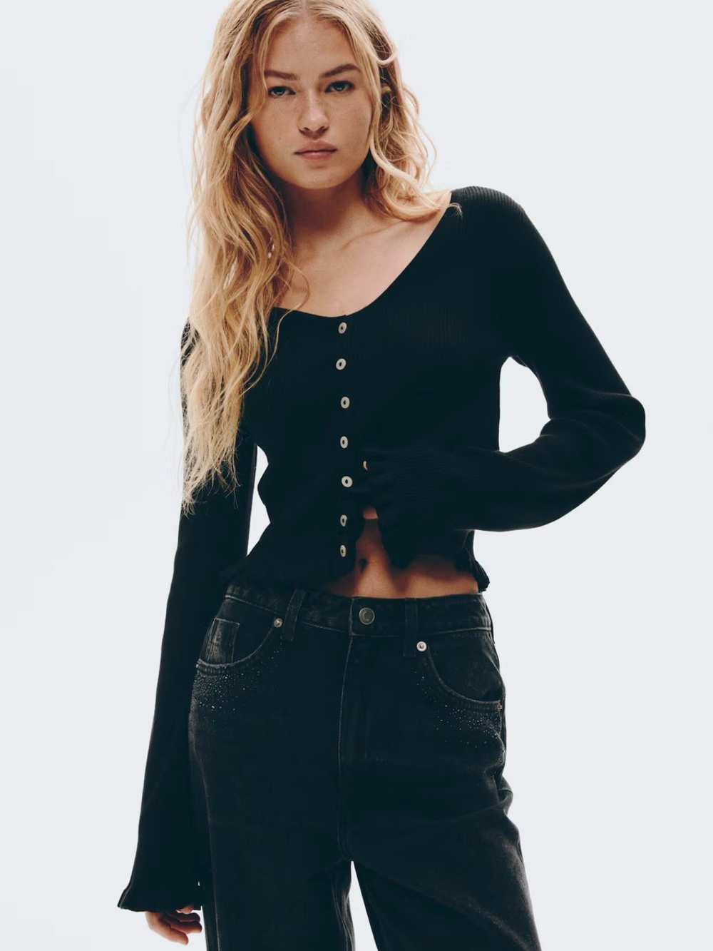 H&M BLACK RUFFLE-TRIMMED CARDIGAN